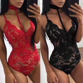 Fashion Women Sheer Lace Floral Leotard Tops Backless Jumpsuit Sexy Lingerie Dress Neck Choker Bodysuit (Color: Red, size: S)