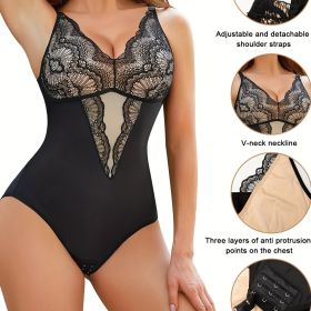 Contrast Lace Shaping Bodysuit, V Neck Sleeveless Slimming Body Shaper, Women's Underwear & Shapewear (Color: Black, size: M(6))